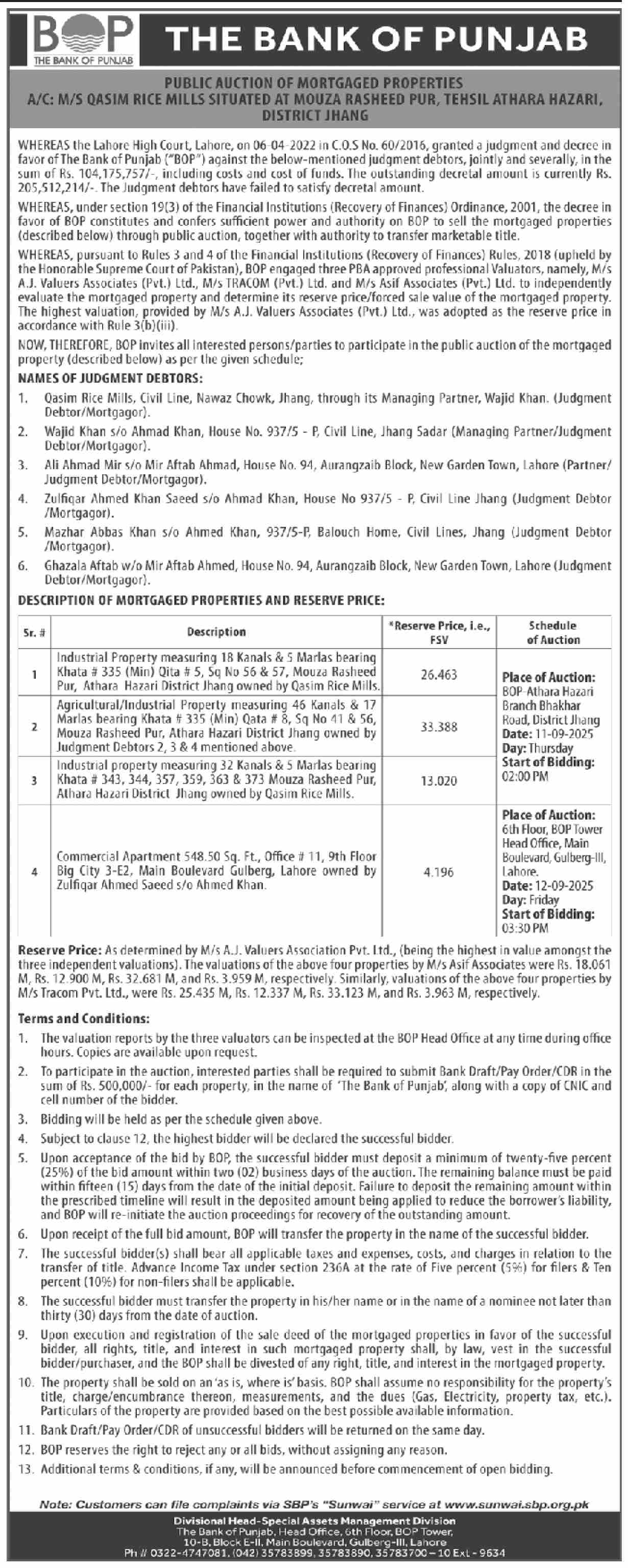 The Bank of Punjab Tender Notice
